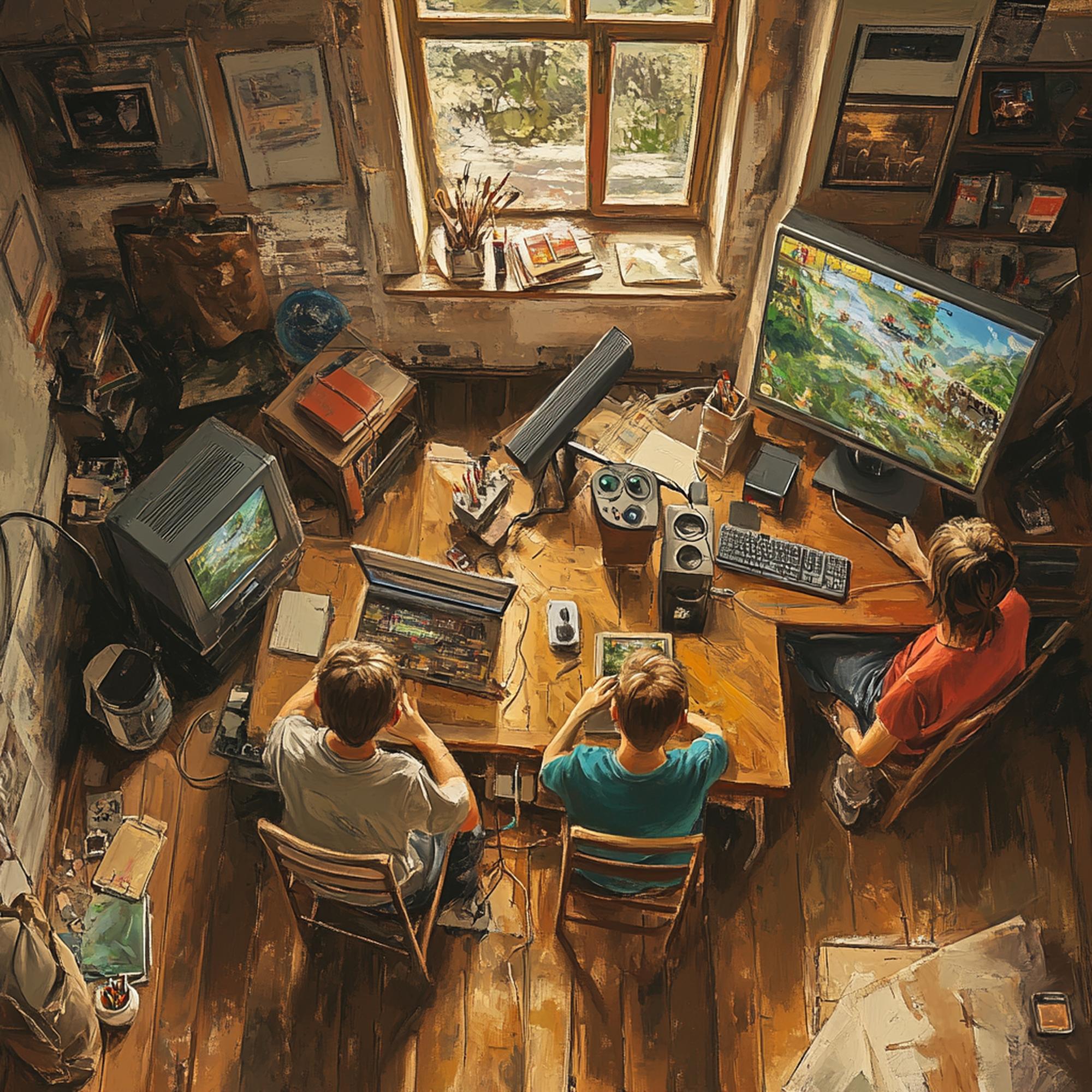 Studio workspace with screens showing game art